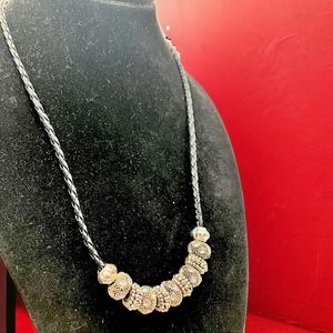 Rhinestone Encrusted Silver-Tone Beads on Braided Black Leather 21" Necklace!